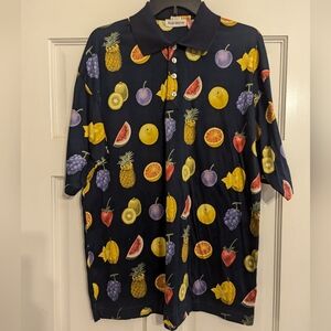 VINTAGE BARRY BRICKEN Fruit FISH POLO SHIRT Sz L all over print